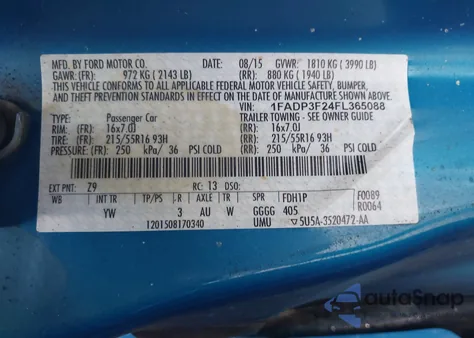 2015 Ford Focus Se z USA, uszkodzony, nr VIN 1FADP3F24FL365088